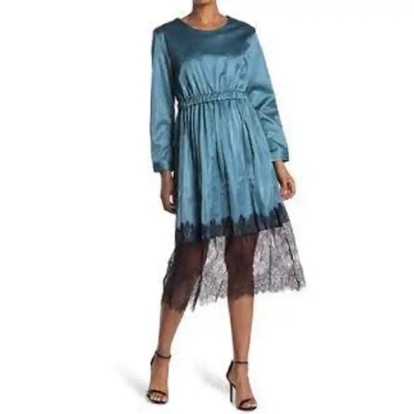 NWT | TOV blue faux leather Dress Lace Hem Pockets Sz 42 Sz L 10/12 - Picture 1 of 14